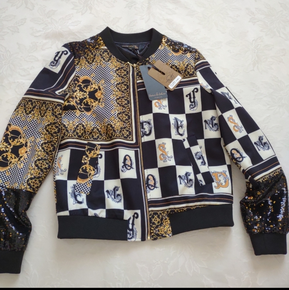 New 🆕 Bomber gold black Sequins baroque scarf print jacket zip front